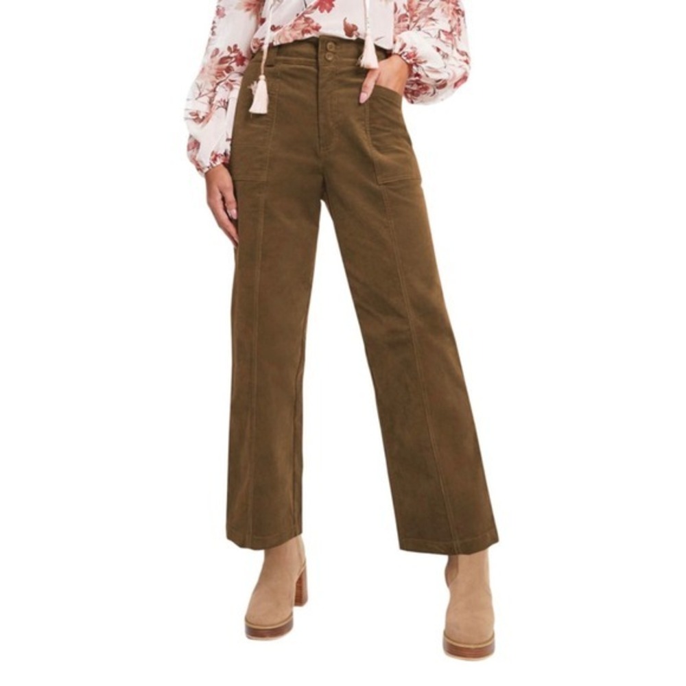 Acelitt Mocha Brown Corduroy Wide Leg High Waisted Patch Pocket‎ Pants